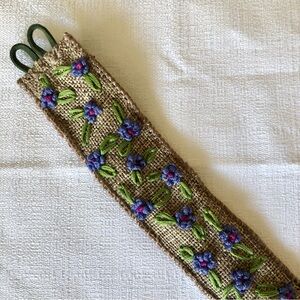 Boho Periwinkle Purple Flowers Embroidered  Bracelet Cuff Pink Green l floral